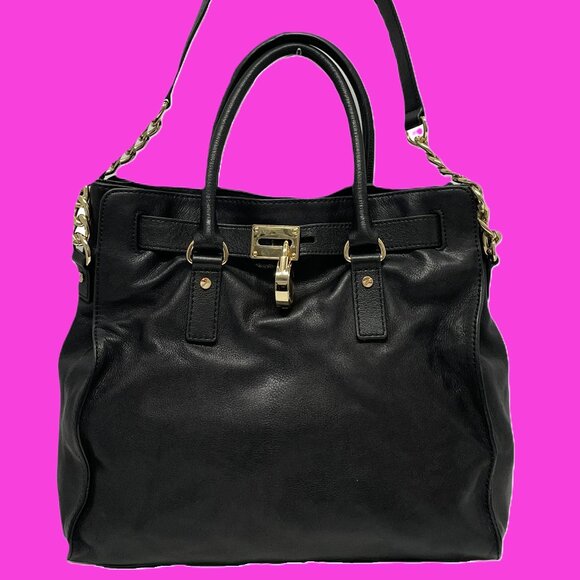 MICHAEL KORS Handbag Soft Black Leather Gold Locket Chain 2-Way *EUC* FABULOUS!! - Picture 1 of 15